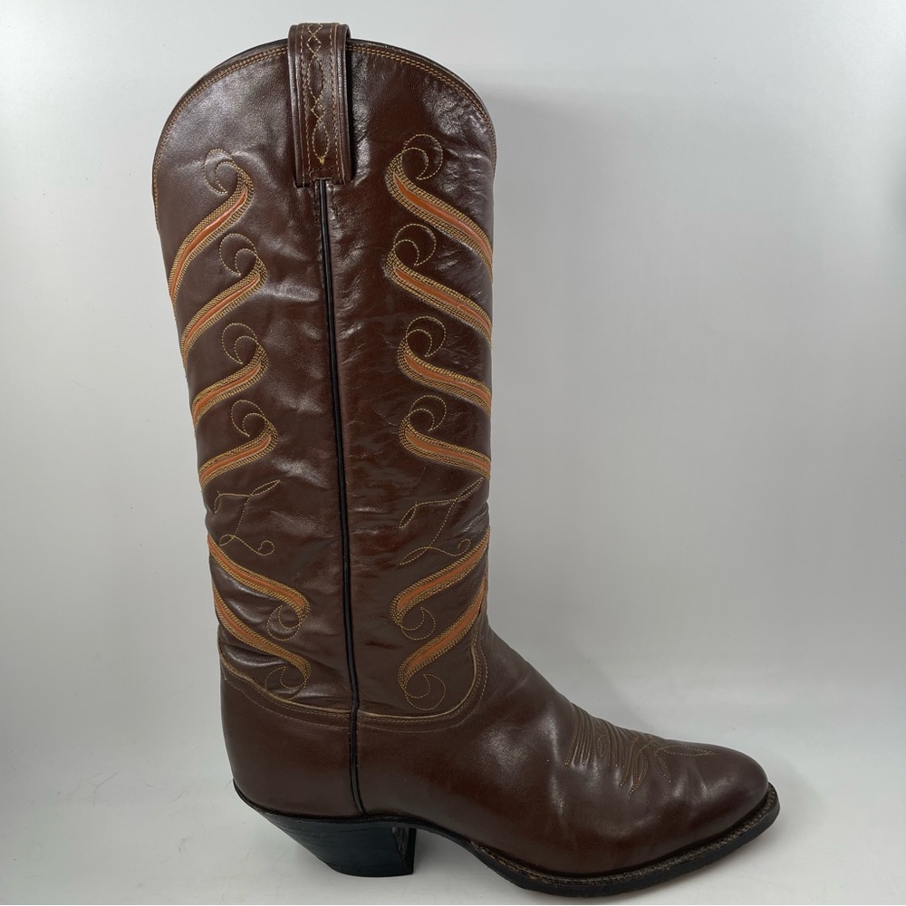 Tony Lama Brown Leather Western Heeled Boot with Tan Stitching